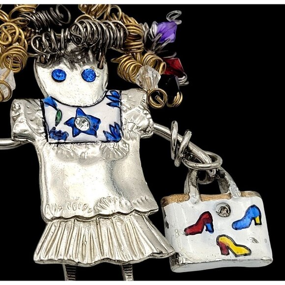 GANZ Carrette Enameled Metal Doll Brooch SHOPPING GIRL Wired Hair Moving Parts - Picture 4 of 5